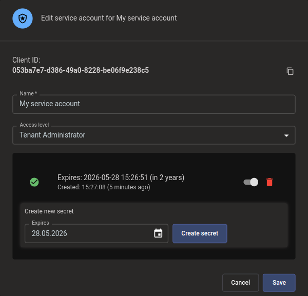 Service account dialog