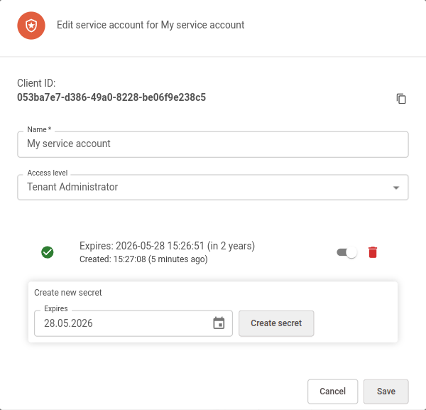 Service account dialog